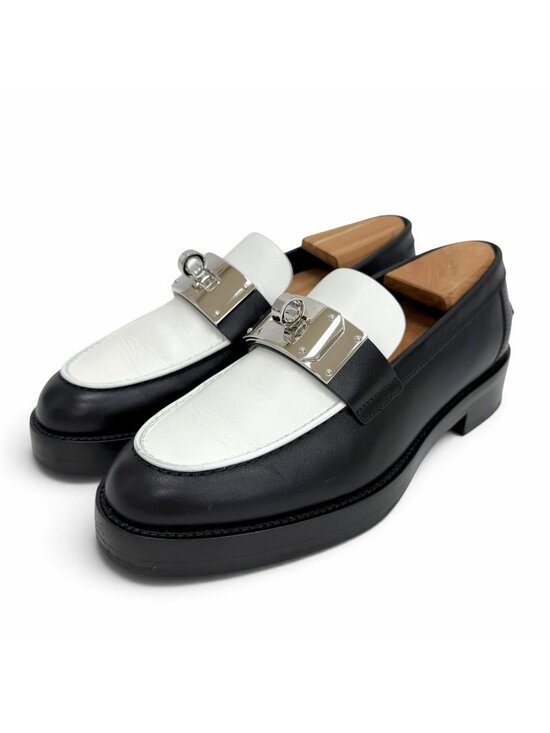 Hermes Shoes - Hermes Hot Loafers Leather Moccasins Kelly Buckle Shoes Black White IT